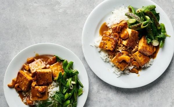 Crispy tofu with cashews and blistered snap peas