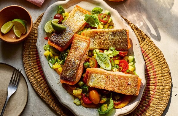 Crispy trout with mango piri piri & kachumbari
