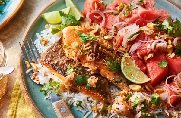 Crispy trout with watermelon salad & rice