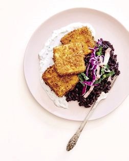 Crispy turmeric spiced tofu with cilantro-mint coconut cream