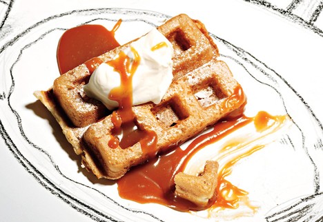 Crispy waffles with salted caramel coulis