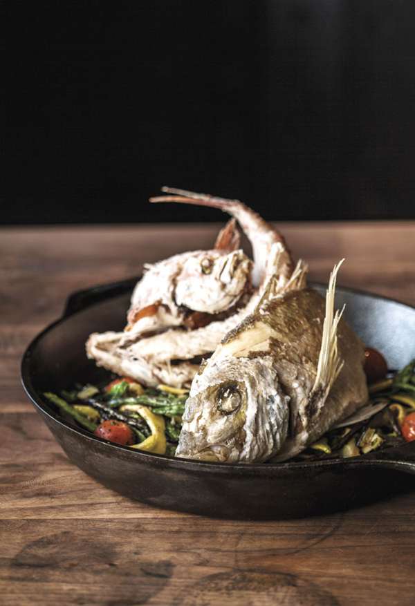 Crispy whole Gulf bycatch with masala vegetables