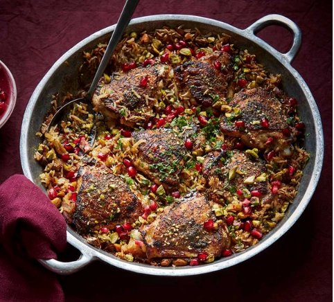 Crispy za'atar chicken pilaf with pomegranate