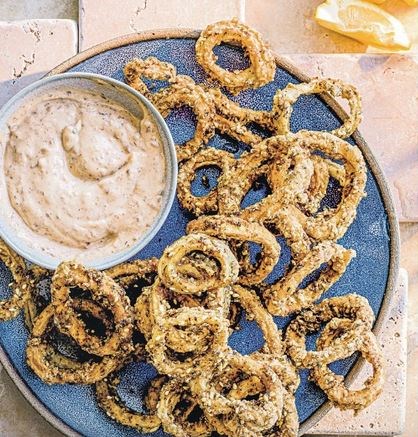 Crispy zaatar squid with olive & sundried tomato mayo
