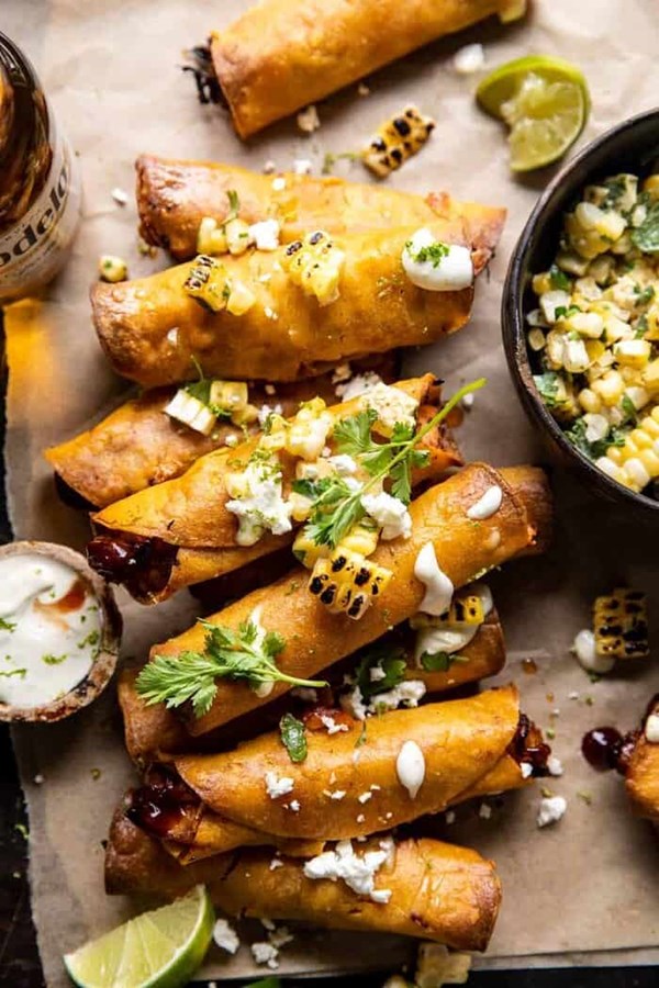 Crockpot BBQ beer chicken taquitos with street corn salsa