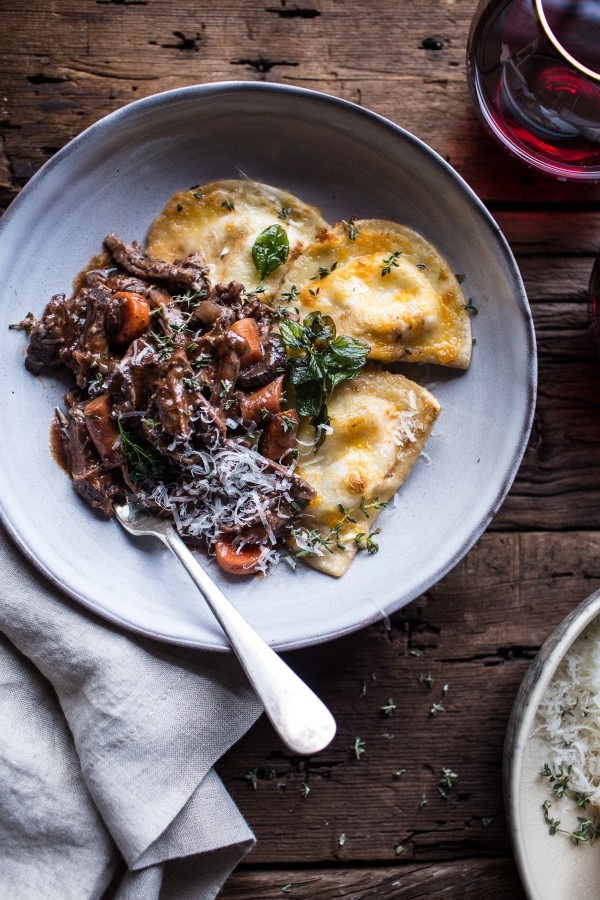 Crockpot braised red wine short ribs with cheddar potato perogies