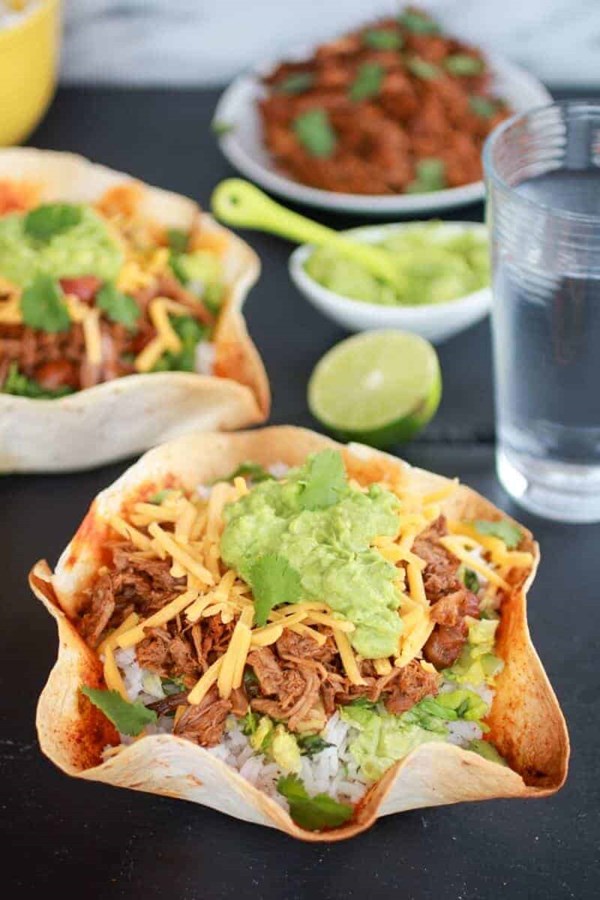 Crockpot carnitas tortilla burrito bowl