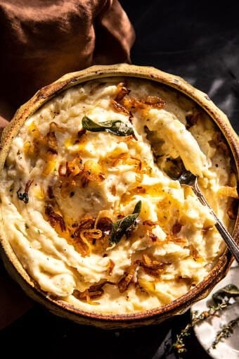 Crockpot cheesy mashed potatoes with caramelized onions