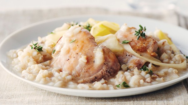 Crockpot chicken, barley and leeks