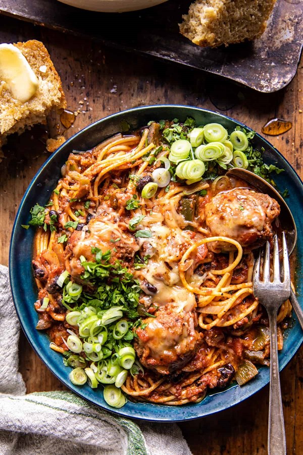 Crockpot chili meatballs and spaghetti