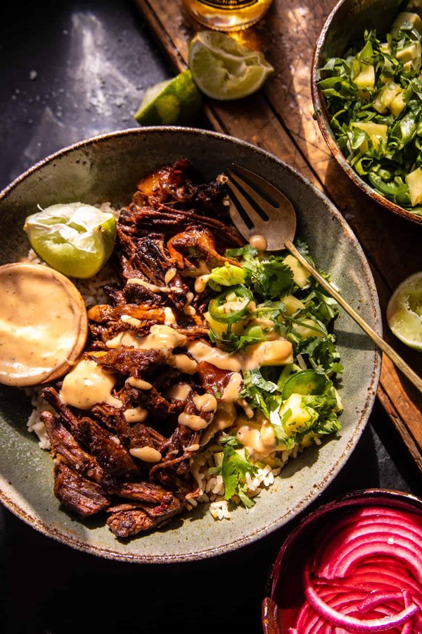Crockpot chipotle pineapple pot roast bowls