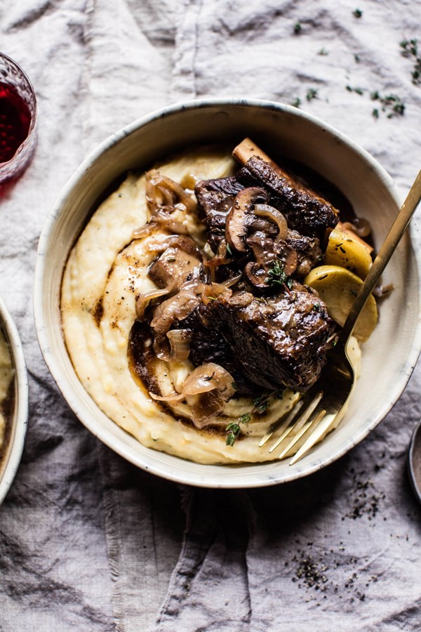 Crockpot cider braised short ribs with browned sage butter mashed potatoes.