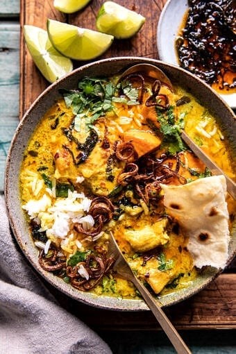 Crockpot coconut chicken curry with crispy shallot basil oil