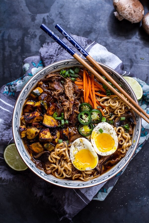 Crockpot crispy caramelized pork ramen noodle soup w/curry roasted acorn squash
