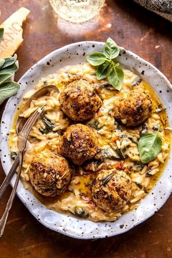 Crockpot garlic butter chicken meatballs with creamy orzo