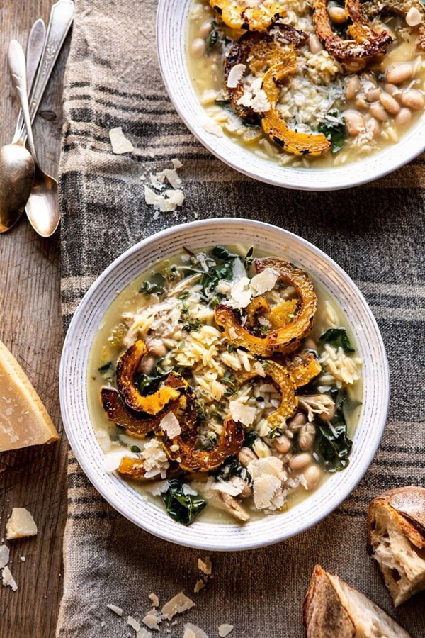 Crockpot Parmesan white bean chicken soup with roasted delicata squash