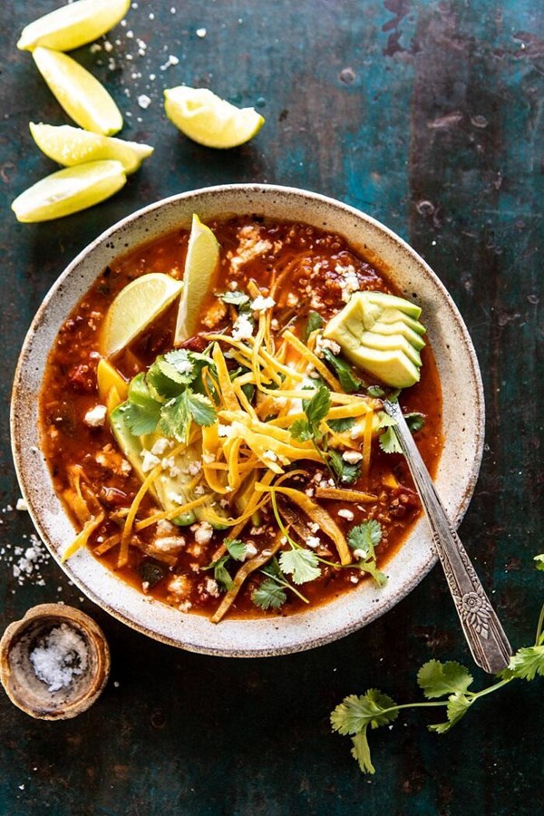 Crockpot spicy vegetarian tortilla soup with quinoa