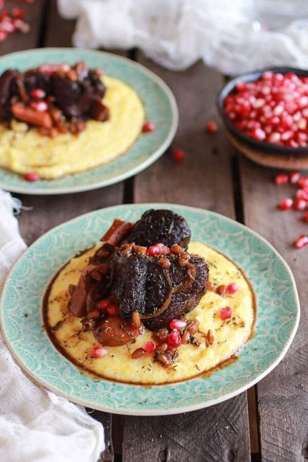 Crockpot sweet and sour pomegranate short ribs with creamy mascarpone polenta