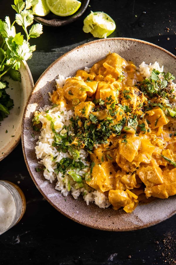 Crockpot Thai yellow curry chicken with garlic rice