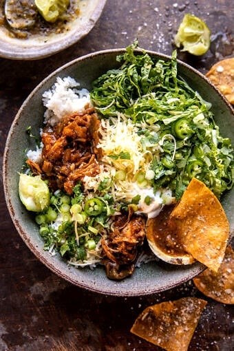 Crockpot white chicken chili burrito bowls