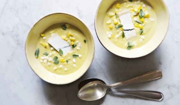 Crookneck squash and corn soup with Humboldt Fog
