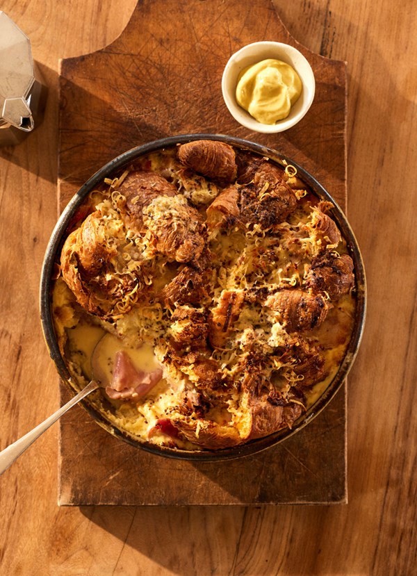 Croque monsieur croissant bread and butter pudding