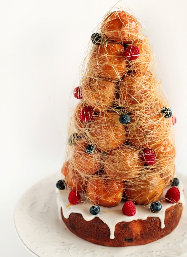 Croquembouche cake with lemon & berries