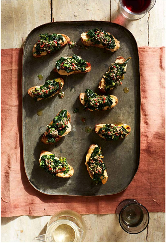 Crostini with broad bean purée and braised Swiss chard
