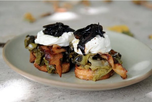 Crostini with burrata, marinated escarole, and caramelized shallots [Nancy Silverton]