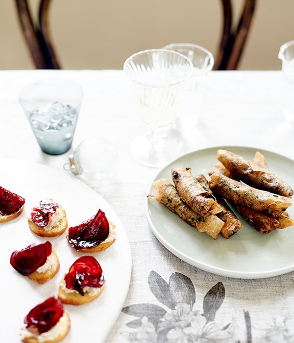Crostini with smoked eel pâté and glacé  beetroots