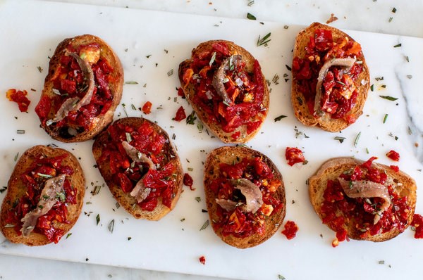 Crostini with sun-dried tomato and anchovy
