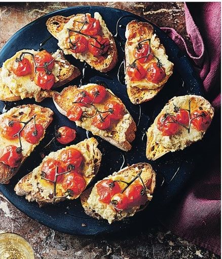 Crostini with white pesto & roast cherry tomatoes
