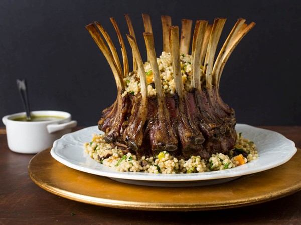 Crown roast of lamb with couscous stuffing and pistachio-mint sauce