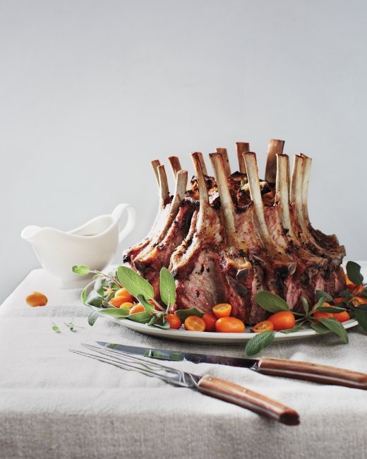 Crown roast of pork with chestnut-rye stuffing