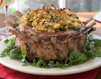 Crown roast of pork with corn bread-poblano stuffing