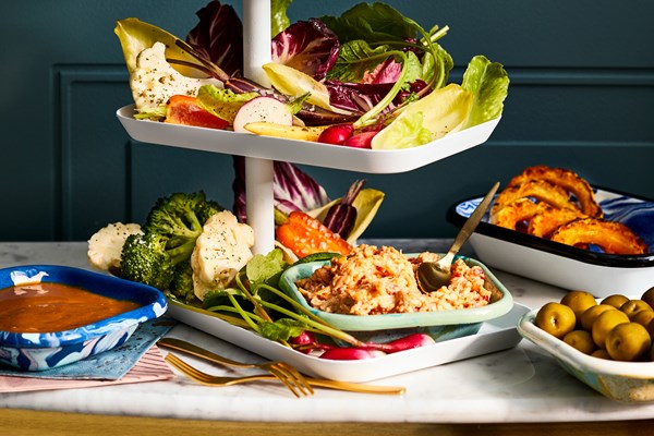 Crudité platter with pimento cheese and shiro-miso dip