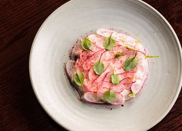 Crudo of halibut, smoked cream and heritage radishes