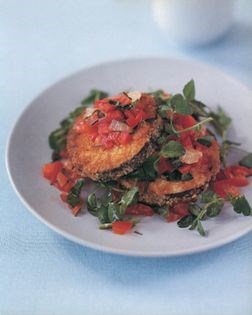 Crumbed aubergine with tomato and red pepper salsa and pea shoots