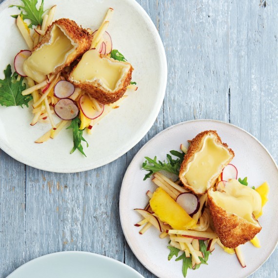 Crumbed Camembert, apple, mango, salad leaves and radish