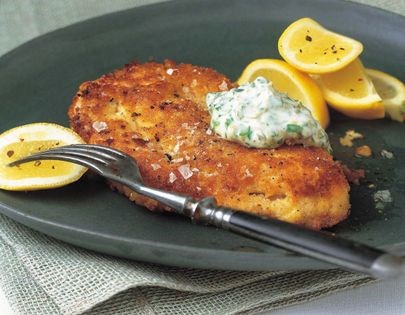 Crumbed chicken with green mayonnaise