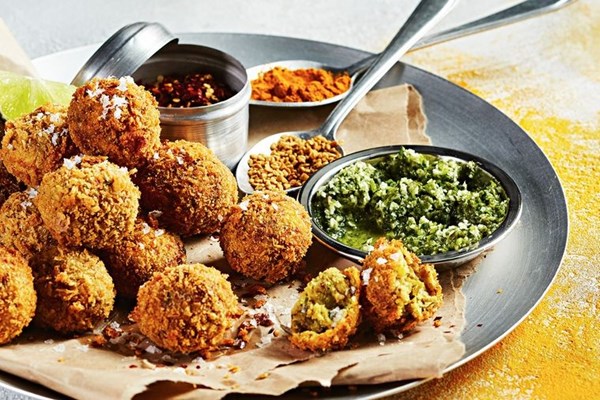 Crumbed fish balls with green sambal