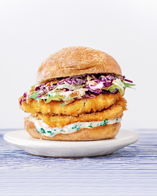 Crumbed fish burgers with cabbage slaw 