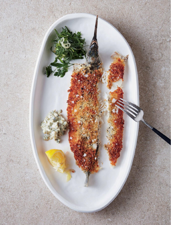 Crumbed garfish, yoghurt tartare & herb salad
