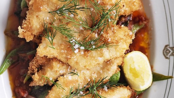 Crumbed John Dory with braised beans