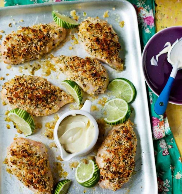 Crumbed kaffir lime chicken with lime and ginger mayonnaise