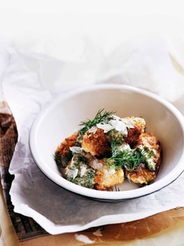 Crumbed lambs' brains with piquant herb sauce