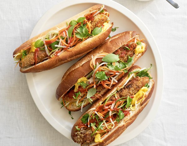 Crumbed lamb's liver banh mi with nuoc cham mayonnaise