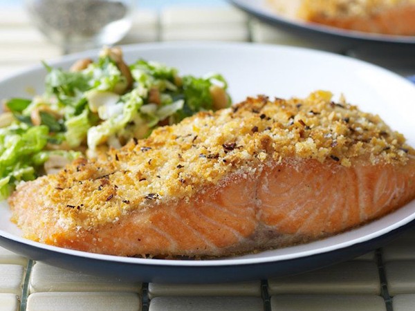 Crumbed ocean trout with crunchy nut slaw