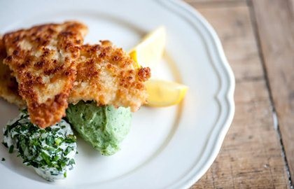 Crumbed plaice with green mash