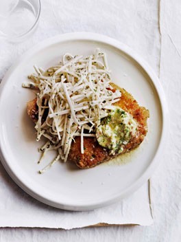 Crumbed pork chops with anchovy butter and celeriac rémoulade
